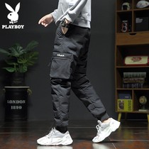 Playboy rubber down pants mens casual fashion tooling wear warm winter thickened duck down cotton pants