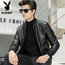Playboy leather mens fashion Korean slim baseball collar motorcycle suit jacket Young handsome leather jacket mens clothing