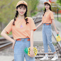 Girl summer junior high school student suit Korean summer high school girl loose short sleeve fruit T-shirt two-piece suit