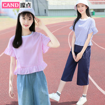 Junior high school students summer suit girls summer short sleeve T-shirt college style high school girls wide leg pants two-piece set