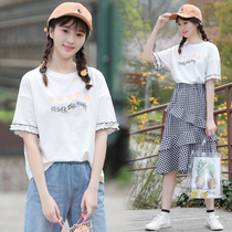 High School students short-sleeved T-shirt suit womens summer junior high school girls Korean cute loose coat college style