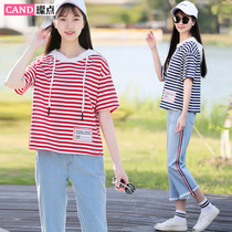 Junior high school girls Summer Suit Girl stripe short sleeve hooded T-shirt high school students summer dress college style two-piece set