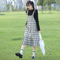 Autumn college style dress Plaid suspenders skirt high school girls junior high school students strap skirt suit loose Thin Thin