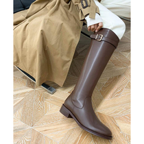  All-leather thin boots womens 2021 spring and autumn new ins net red low-heeled knee-high knight boots thick-heeled high boots