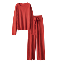 One second lights up winter orange cashmere knit suit thick loose lazy sweater wide leg pants two-piece set