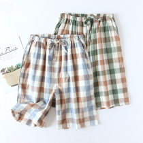 Sleeping Pants Shorts Male summer washed cotton thin section All cotton Japanese series Plaid large code Loose Casual Home 50% Pants