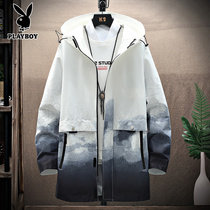 Playboy long windbreaker men Spring and Autumn casual loose fat plus size fat hooded jacket jacket