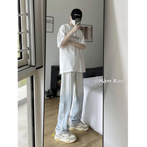 Wash blue gradient jeans boys summer thin straight tube American high street tide slim one-thin pants