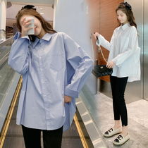 Blue pregnant womens coat spring and autumn belly shirt loose version long sleeve working shirt pregnant womens professional wear ol autumn