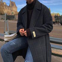 Medium and long woolen coat men Korean version of Tide brand Plaid knee trench coat autumn and winter loose English wind woolen coat