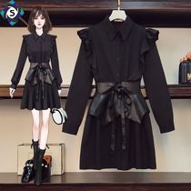 Fried street dress autumn size ruffles design sense waist slim two-piece female Hepburn temperament small black dress