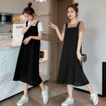  Maternity dress summer net red maternity dress hot mom age reduction square collar sundress two-piece Western style medium and long section