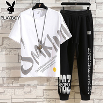 Playboy 2021 new mens short-sleeved t-shirt summer casual set of fashion brand trend t-shirt half sleeve