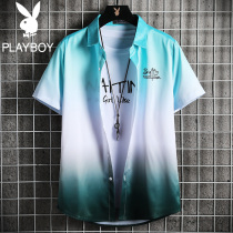 Playboy ice silk shirt mens 2021 summer Korean version of the trend short-sleeved gradient long-sleeved shirt jacket mens clothing