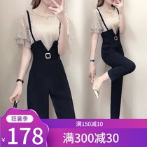 Bib suit 2021 new summer dress female foreign style age reduction light cooked wind two-piece suit socialite summer temperament