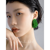 Two L Liu retro green tassel earrings female advanced sense exaggerated temperament design sense handmade ear clip earrings
