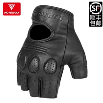 Summer motorcycle riding half-finger cross-country real sheepskin retro gloves touch screen anti-drop wear-resistant full finger mens equipment
