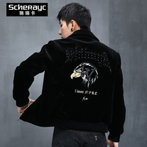 Winter shearer mens jacket short fur lapel one wool coat embroidered fashion fur coat mens wear