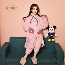 Strawberry pajamas womens autumn and winter coral velvet nightgown sweet and lovely long robe plus velvet thickened can be worn home clothes