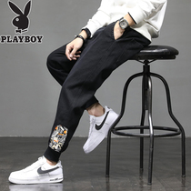 Playboy jeans men spring autumn and winter thickened trend casual nine points slim feet casual small feet casual plus velvet long pants