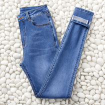  Blue stretch washed jeans womens spring and Autumn 2021 high waist thin hips tight small feet slim trousers