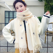 Autumn and winter new womens embroidered bear solid color scarf shawl dual-use thickened warm imitation cashmere scarf all-match