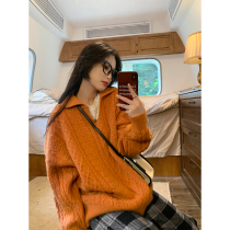 Yang bubble orange half open collar twist sweater women 2021 Winter New loose Korean lazy style knitted coat