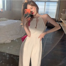 Summer 2021 White Hollow jumpsuit suit new Korean version of strapless sleeveless hanging neck coat women high waist wide leg pants