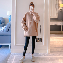 Pregnant women's letter zipper sweater with velvet lamb wool Korean version of padded fashion pregnant women wear pullover coat