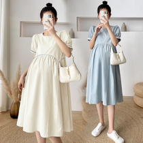 Maternity dress 2021 new thin fashion mom bubble sleeve dress summer fashion loose Korean version over the knee lace-up skirt