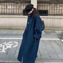 Temperament Deep Sea Blue Sub-coat Womens Long 2021 Spring and Autumn Loose Thick Medium Long Korean version of woolen coat