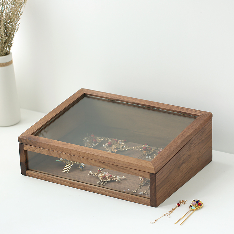 Walnut Jewelry Receiving Box Cosmetics Box Desktop Receiving Wood Box Solid Wood Handicraft Glass Display Box