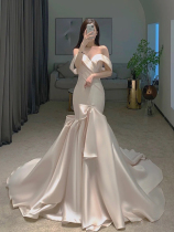 BRITNRY Britney satin fishtail wedding dress word shoulder 2021 new star Net red with trailing bride