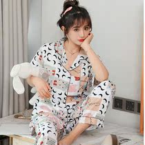 Cotton silk pajamas short-sleeved trousers womens spring Korean version of ins net red cardigan large size suit summer artificial cotton home clothes