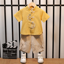 Boy short sleeve retro cotton hemp Hanfu children summer ethnic style suit year old boy baby Chinese style Tang suit