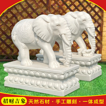 A pair of stone elephants white marble household lucky town house hotel door courtyard sunset red Feng Shui stone elephant ornaments