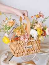 Flower blue woven basket flower arrangement rattan basket mini bamboo basket shape handmade decoration pastoral flower basket