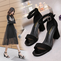  Sandals womens 2021 new summer black sexy one-word belt wild fairy style with skirt high heel thick heel womens shoes