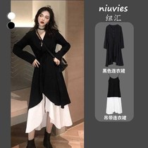 Single set early autumn set womens two-piece 2021 new autumn slimming age belly belly sling dress