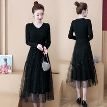 Large size womens 2021 early autumn knitted skirt elastic waist base stitching mesh dress V-neck T-shirt