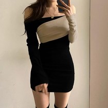 Early autumn color matching stitching strapless sexy open collarbone dress machine-hearted temperament socialite wind bottomless hip skirt tide