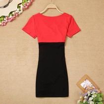 Summer womens sexy V-neck stitching hem strap split mid-length bag hip thin short-sleeved T-shirt skirt dress