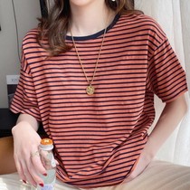 Fashion loose T-shirt womens striped short-sleeved 2021 summer new fashion student Korean version of the round neck all-match cotton top