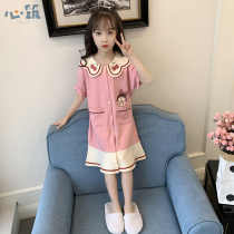 Girls  night dress Childrens pajamas Womens summer thin mid-size childrens cotton short skirt Girls short sleeve Princess baby parent-child
