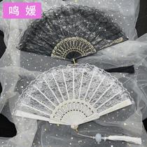 Classical Lolita lace feather fan cheongsam catwalk photo feather folding fan dark lace feather fan