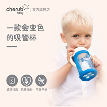 Fun music Babe baby glass suction tube Cup learning drinking cup anti-choking children anti-fall big baby bottle temperature discoloration