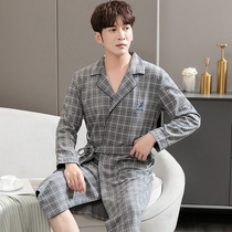 Sleeping robe mens spring summer pure cotton Japanese style long style and bath clothes loose plus code bathrobe mens one-piece sleepwear long sleeves