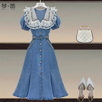 Summer denim casual dress female summer age reduction college style 2021 new item in the long slim waist goddess fan