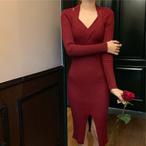 Autumn and winter pure wind hanging neck knitted dress sexy split long skirt high cold fan temperament V collar inside base skirt