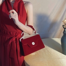  Wedding bag female bride bag 2021 new trendy summer camellia high-end wedding red handbag pearl bag